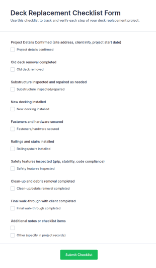 Deck Replacement Checklist Form Template