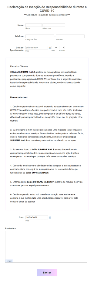 Declaração De Isenção De Responsabilidade Durante A COVID 19 Form Template