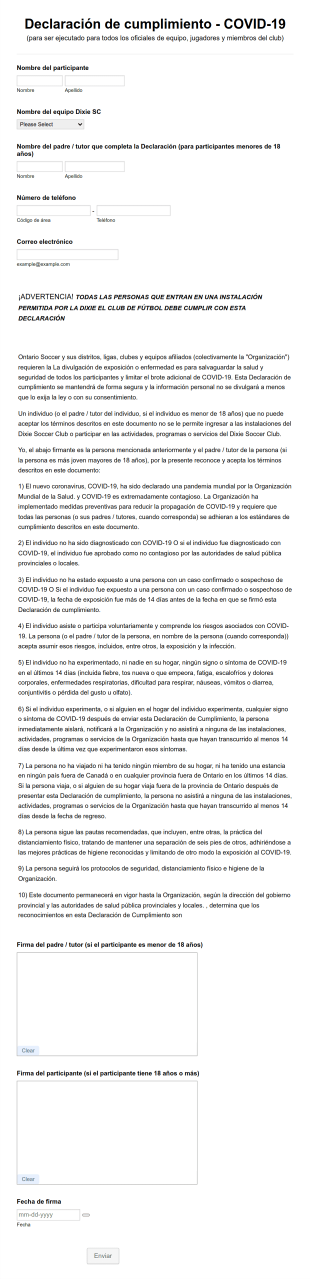 Declaración De Cumplimiento De COVID 19