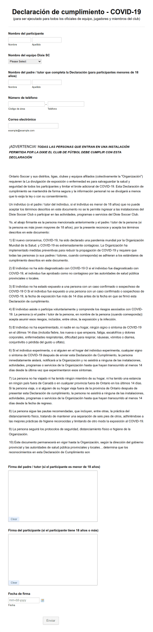 Declaración De Cumplimiento De COVID 19 Form Template