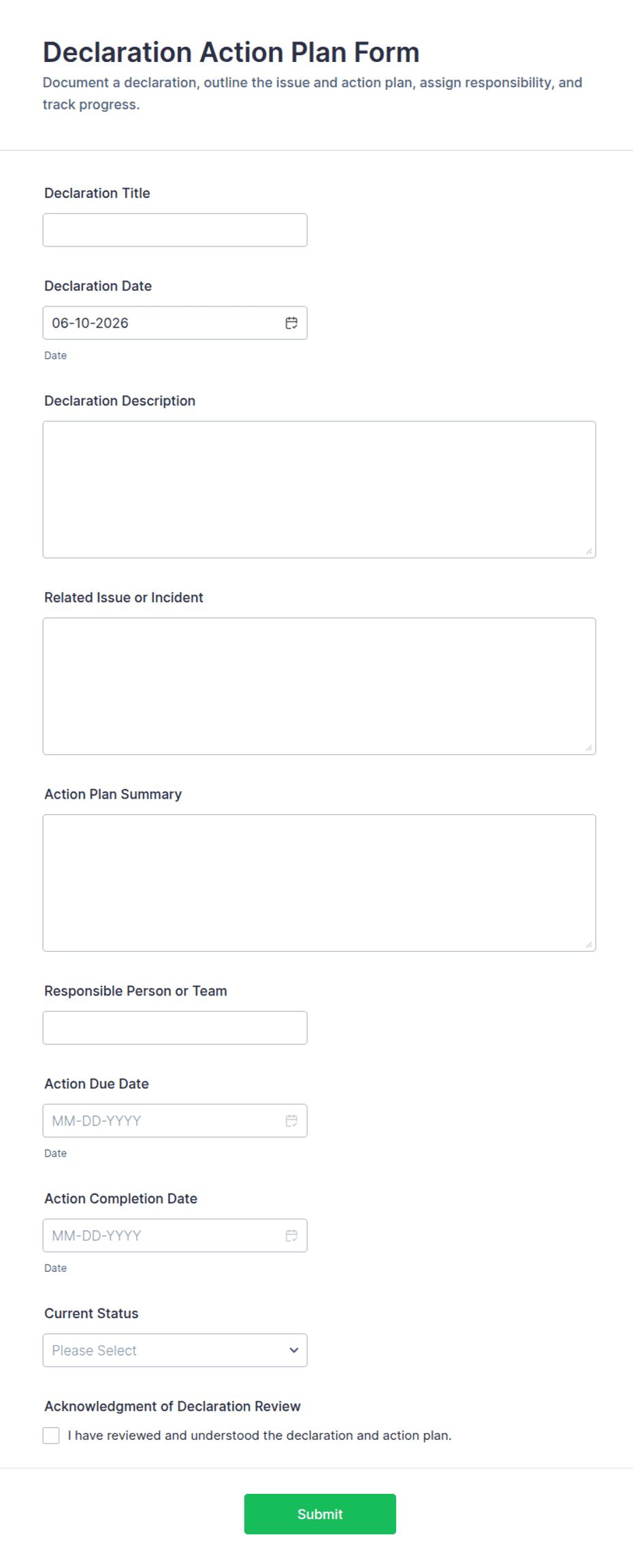 Declaration Action Plan Form Template | Jotform