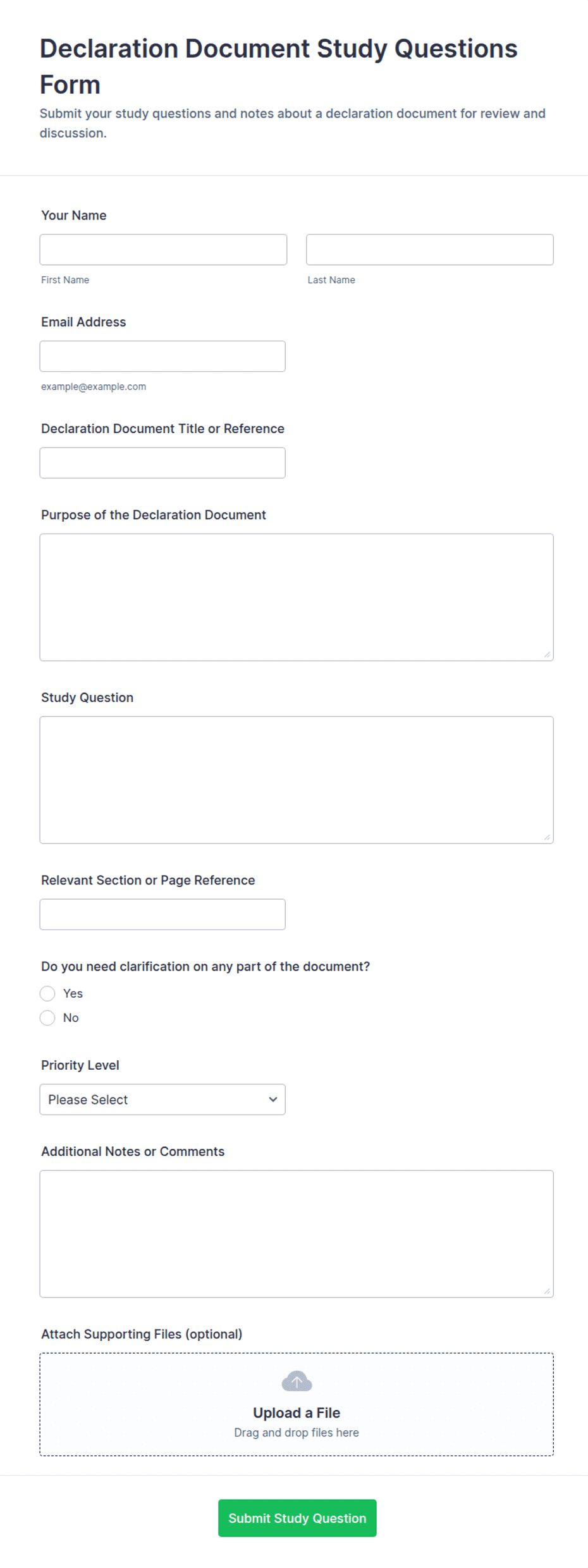 Declaration Document Study Questions Form Template | Jotform
