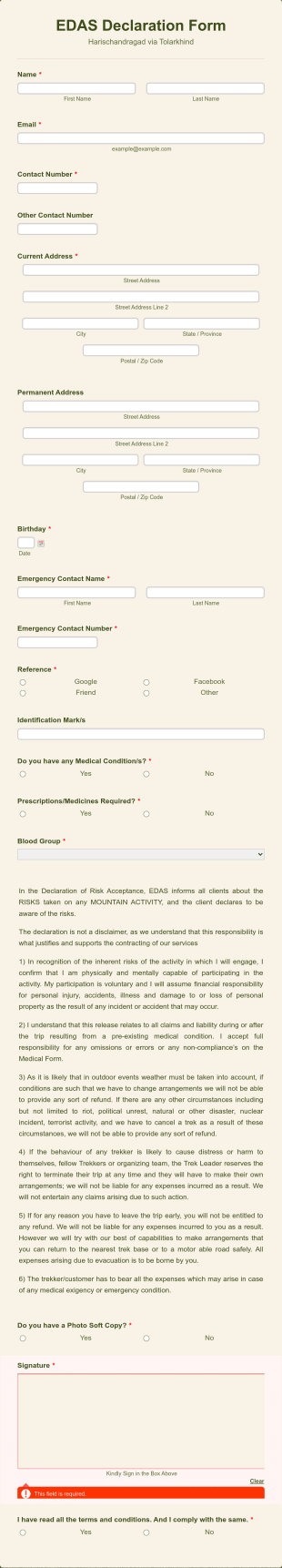 ADVENTURE SPORTS Declaration Form Template