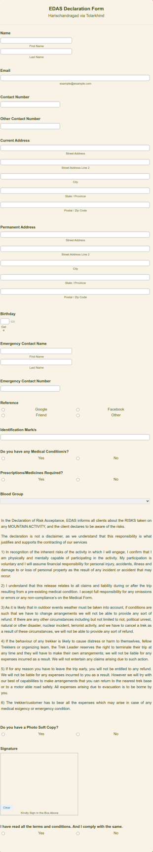 ADVENTURE SPORTS Declaration Form Template