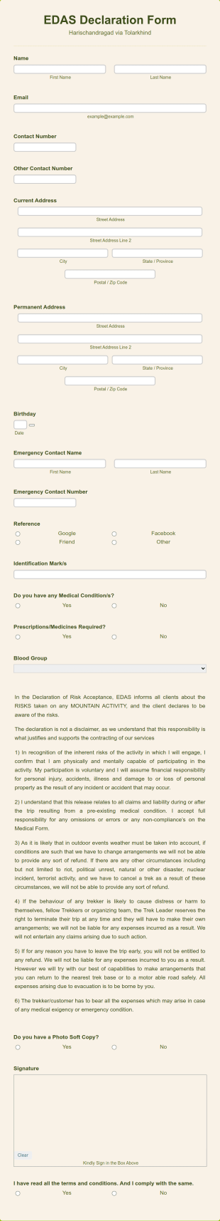 ADVENTURE SPORTS Declaration Form Template
