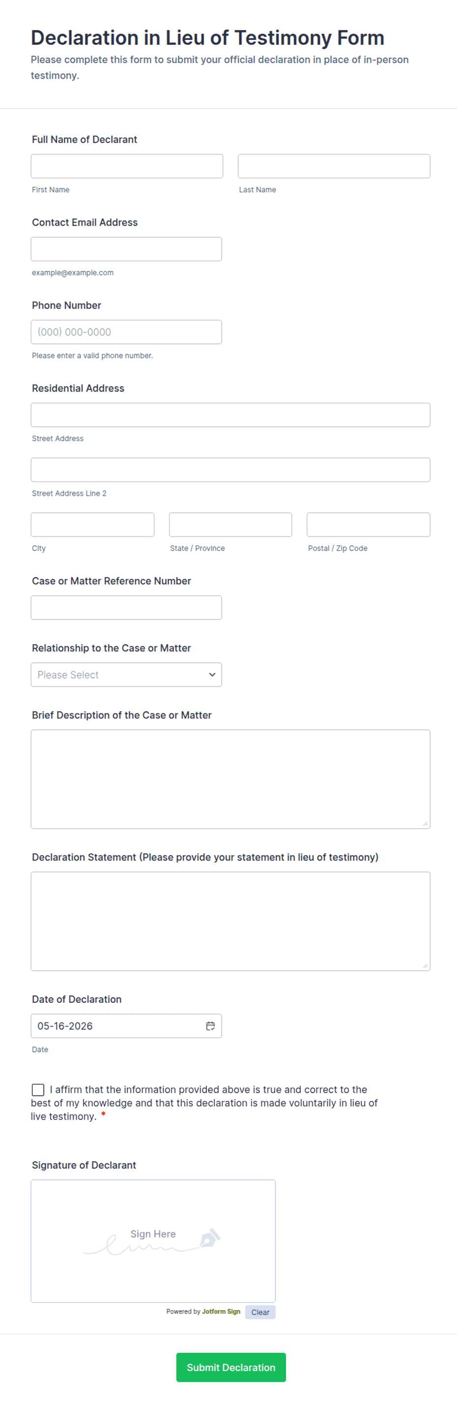 Declaration in Lieu of Testimony Form Template | Jotform