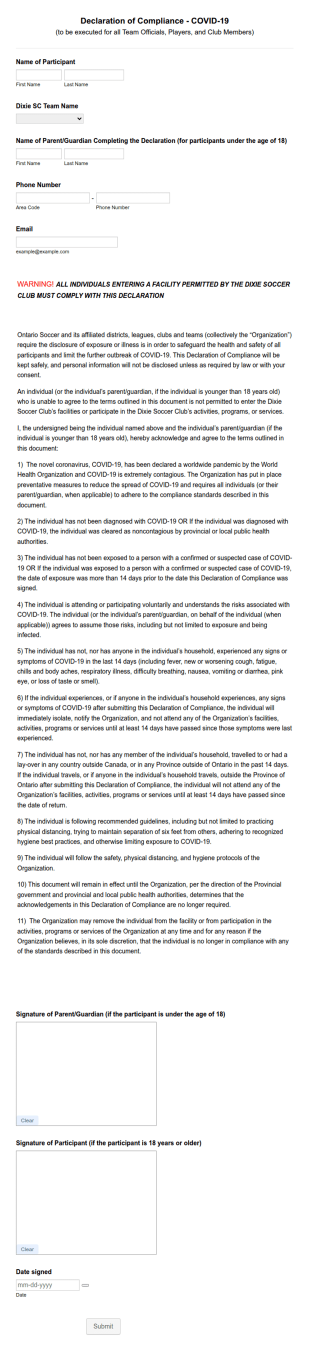 Declaration Of Compliance Covid 19 Form Template