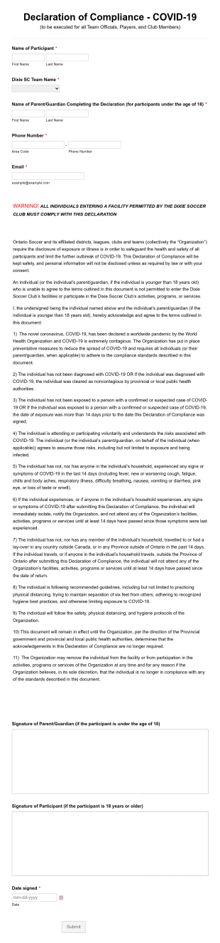 Declaration Of Compliance Covid 19 Form Template