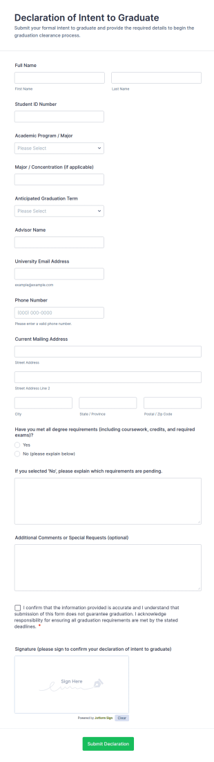 Declaration Of Intent To Graduate Form Template