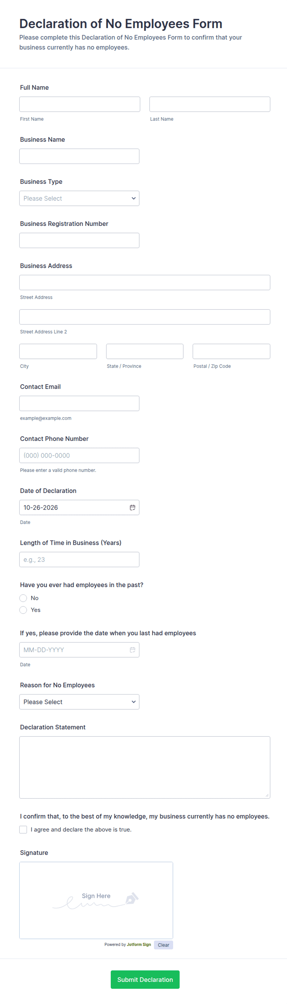 Declaration of No Employees Form Template | Jotform