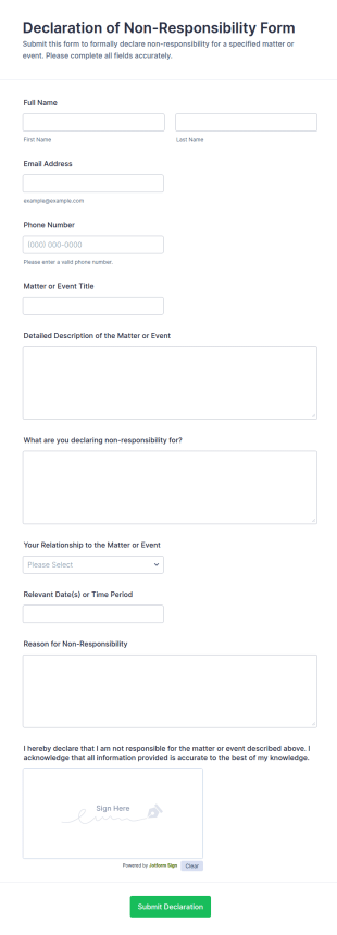 Declaration Of Non Responsibility Form Template