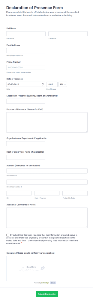 Declaration Of Presence Form Template