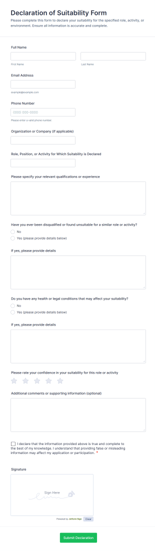 Declaration Of Suitability Form Template