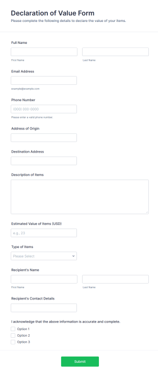 Declaration Of Value Form Template
