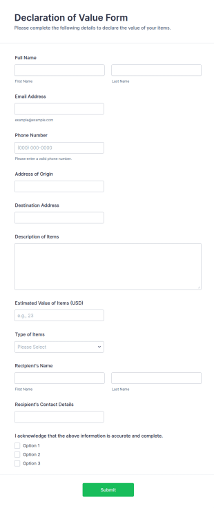 Declaration Of Value Form Template