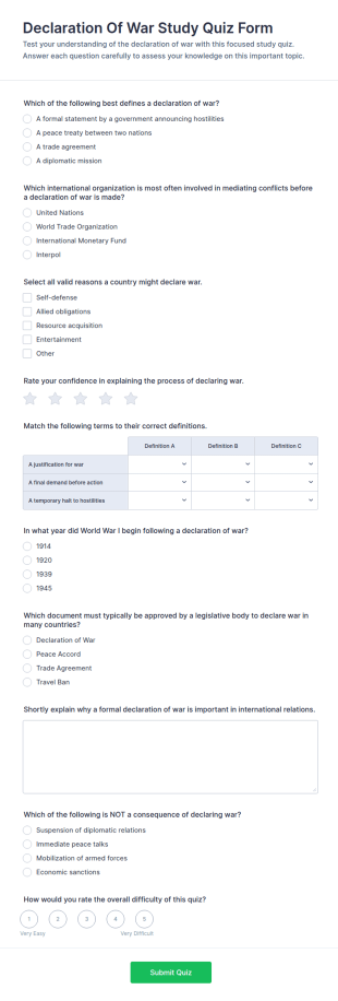 Declaration Of War Study Quiz Form Template
