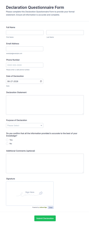 Declaration Questionnaire Form Template