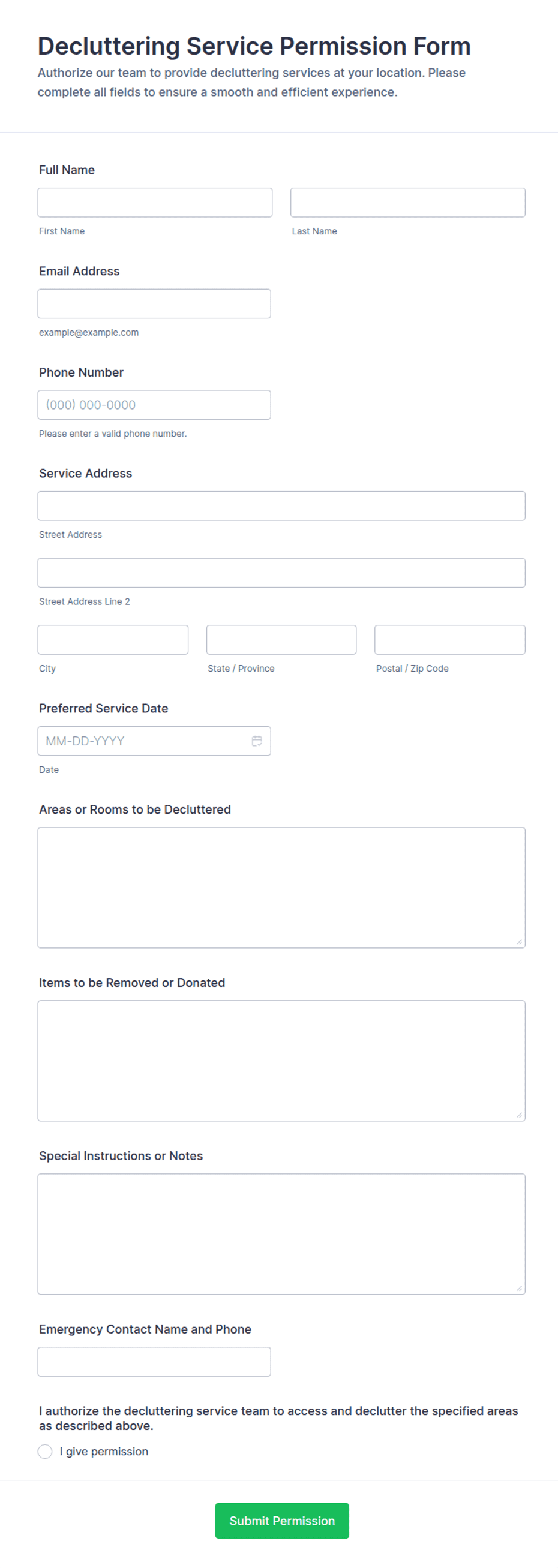 Decluttering Service Permission Form Template | Jotform