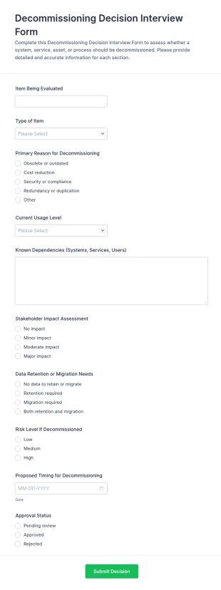 Decommissioning Decision Interview Form Template