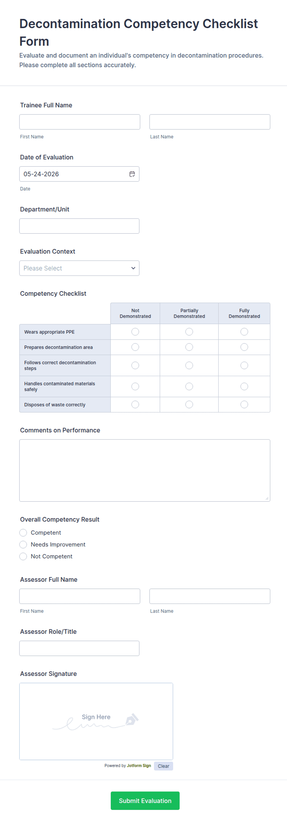Decontamination Competency Checklist Form Template | Jotform