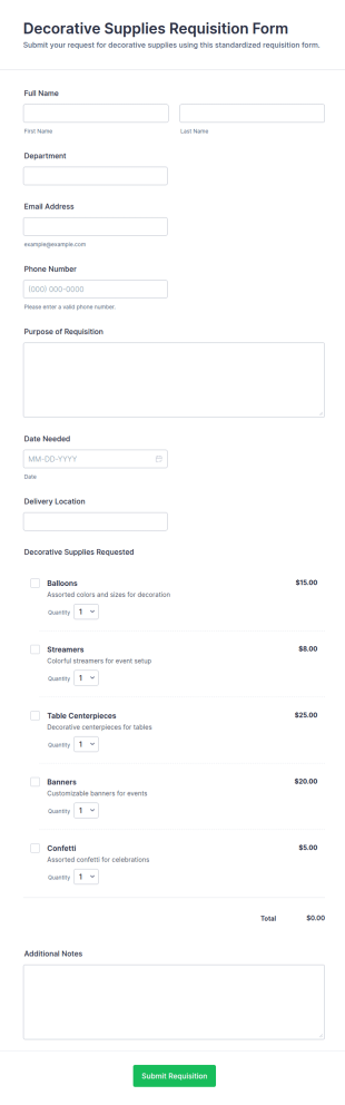 Decorative Supplies Requisition Form Template