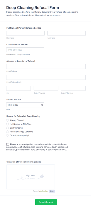 Deep Cleaning Refusal Form Template