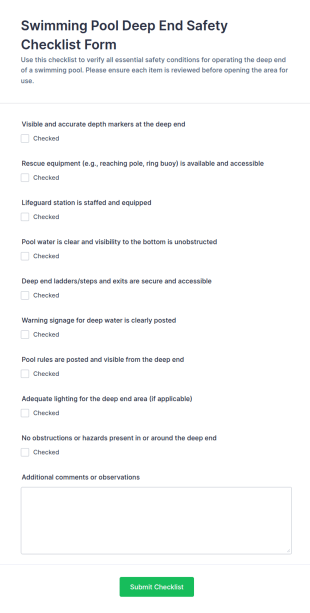 Deep End Safety Checklist Form Template