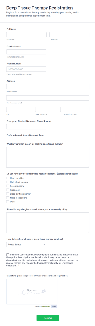 Deep Tissue Therapy Registration Form Template