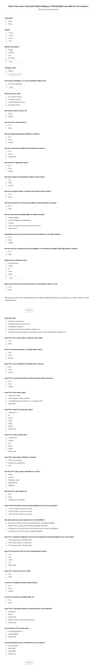 Deep Web Farkındalık Anketi Form Şablonu