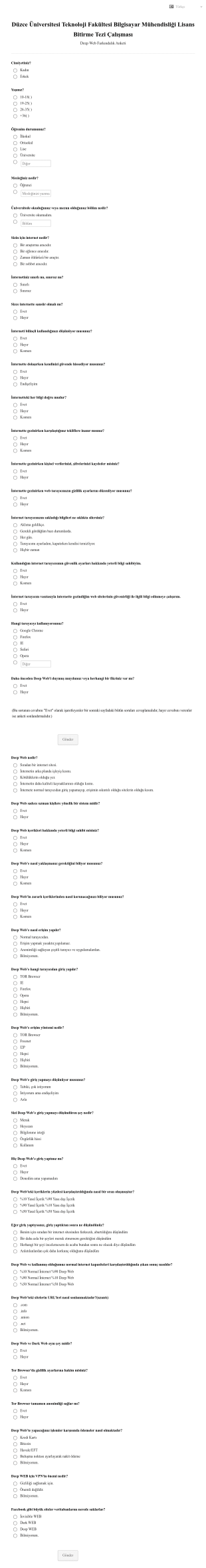 Deep Web Farkındalık Anketi Form Şablonu