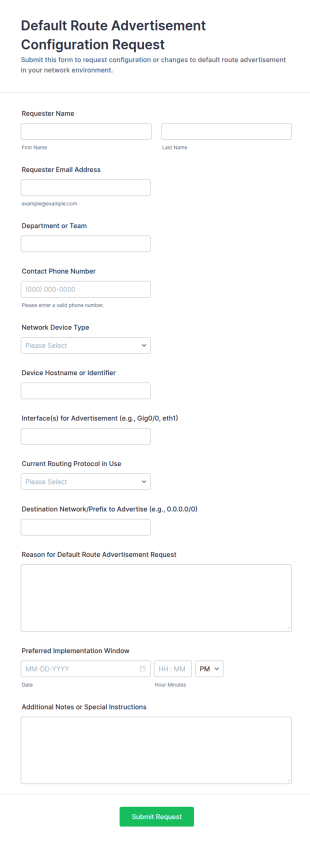 Default Route Advertisement Configuration Request Form Template