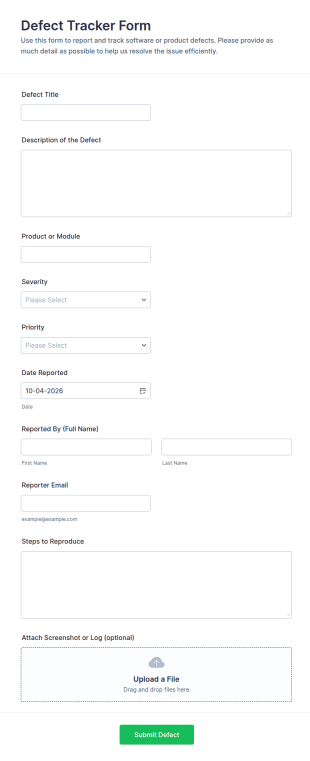 Defect Tracker Form Template