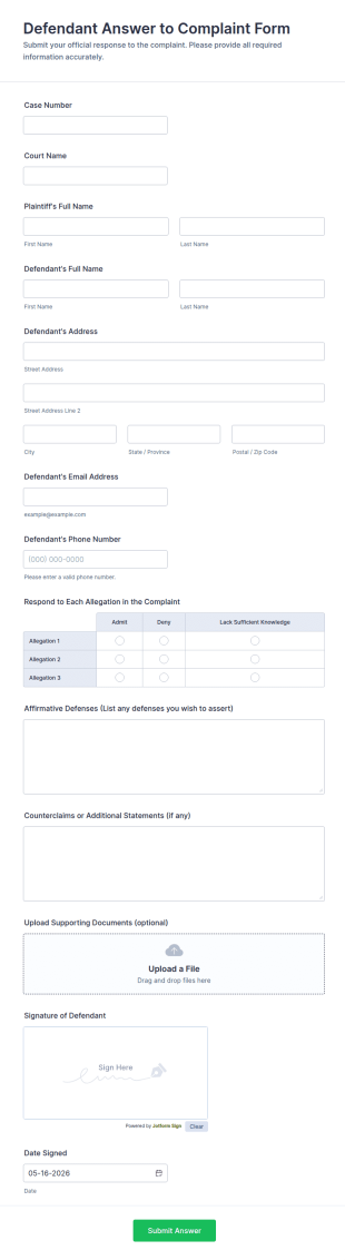 Defendant Answer To Complaint Form Template
