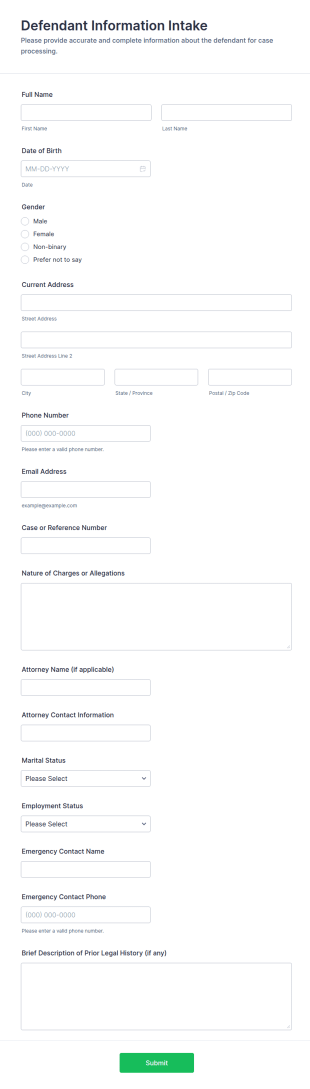 Defendant Information Intake Form Template