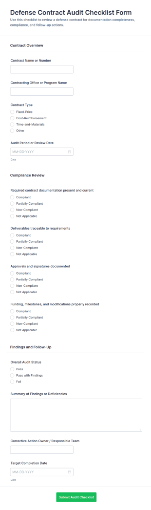 Defense Contract Audit Checklist Form Template