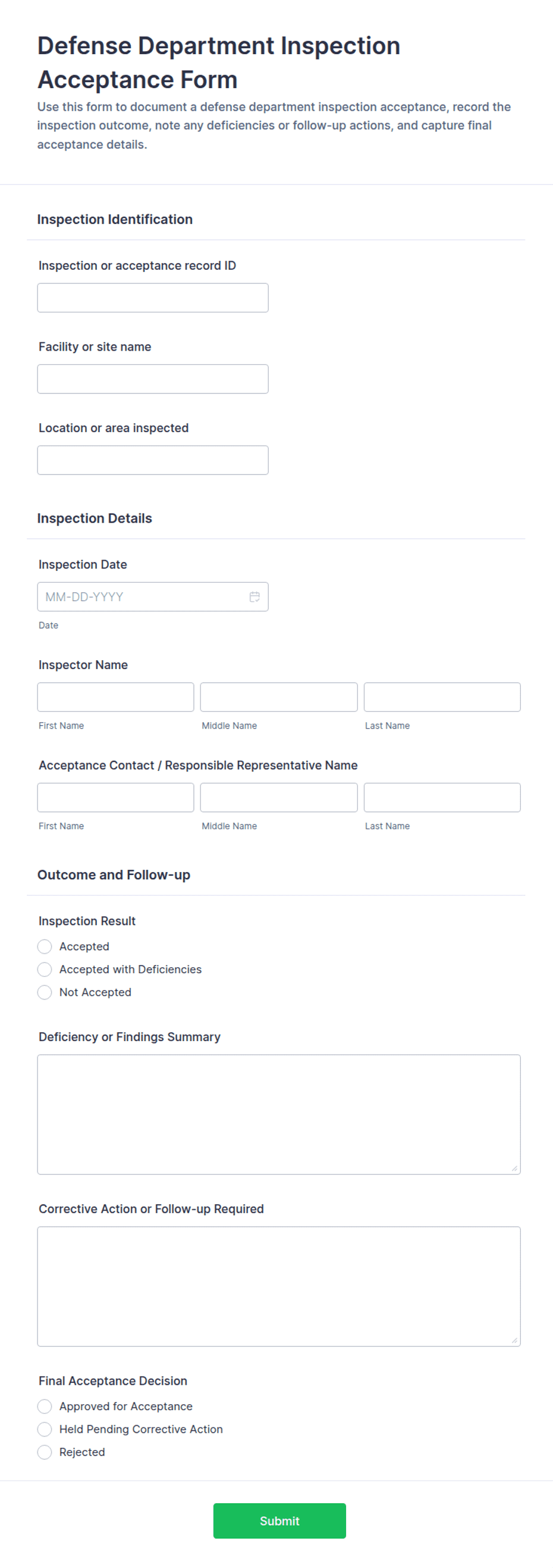 Defense Department Inspection Acceptance Form Template | Jotform