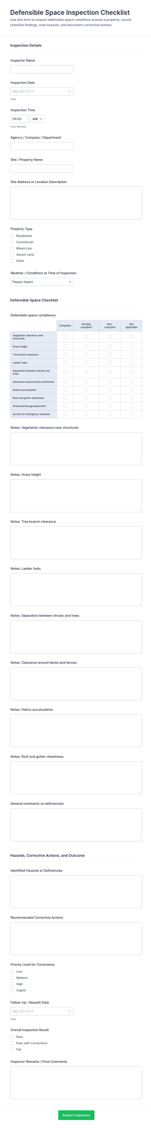 Defensible Space Inspection Checklist Form Template
