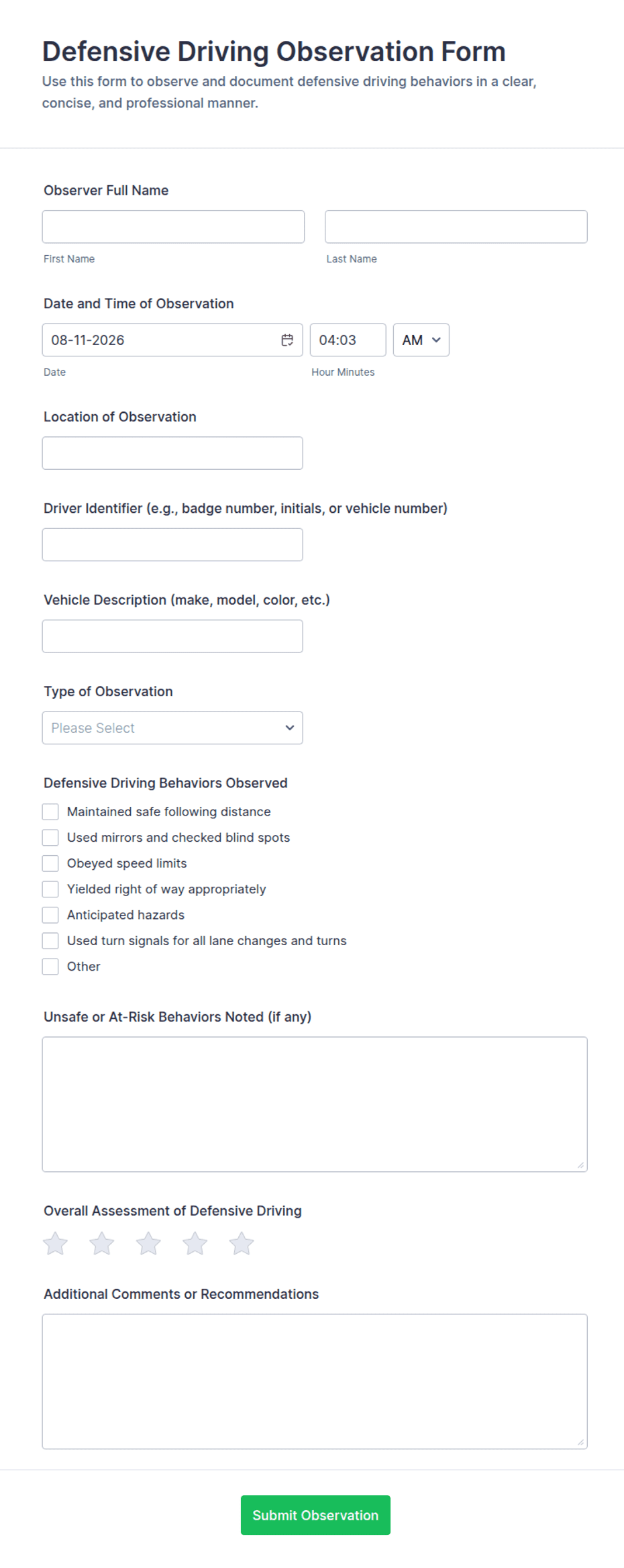 Defensive Driving Observation Form Template | Jotform