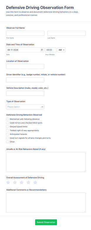 Defensive Driving Observation Form Template