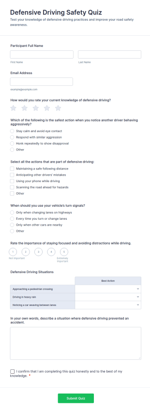 Defensive Driving Safety Quiz Form Template