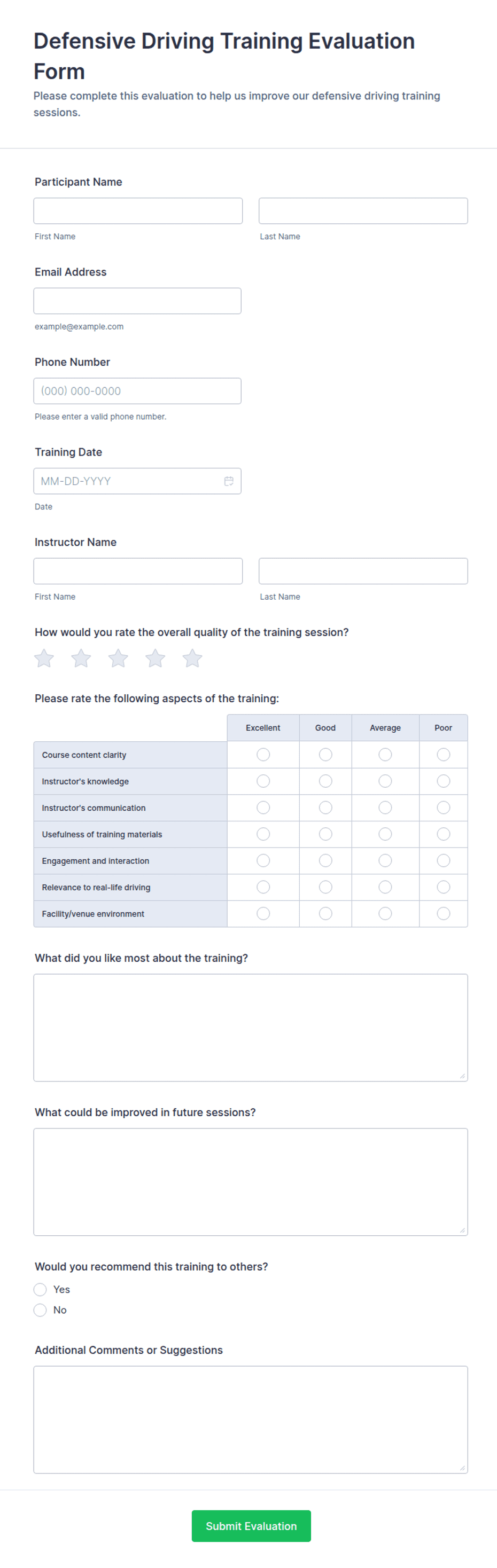 Defensive Driving Training Evaluation Form Template | Jotform