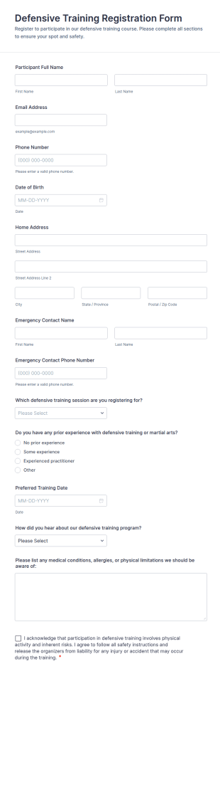 Defensive Training Registration Form Template