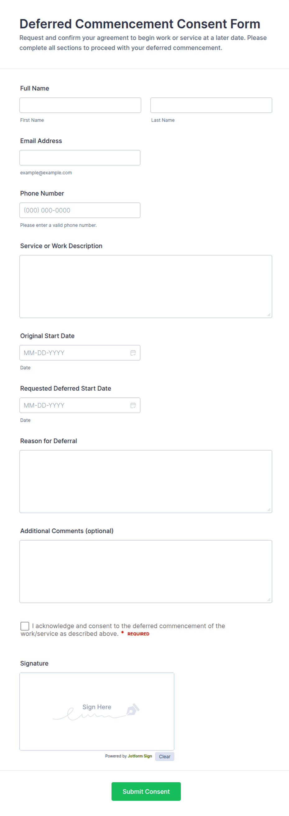 Deferred Commencement Consent Form Template | Jotform