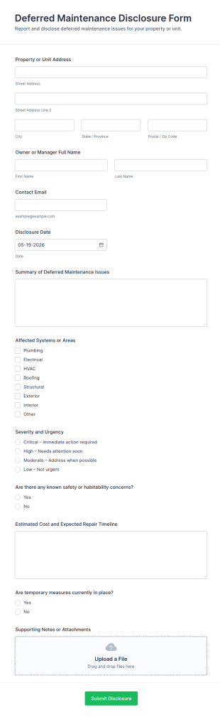 Deferred Maintenance Disclosure Form Template