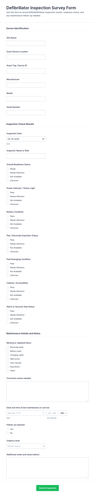 Defibrillator Inspection Survey Form Template