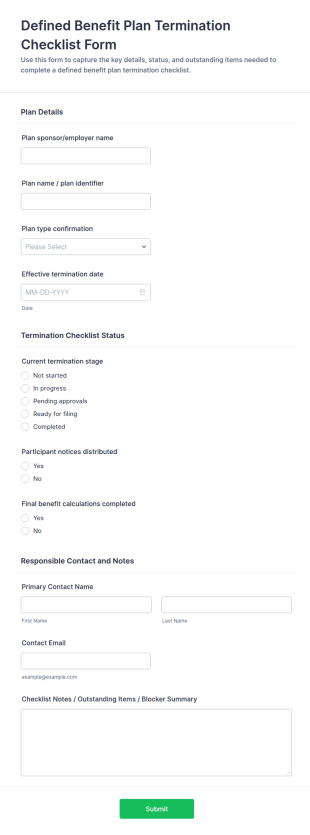 Defined Benefit Plan Termination Checklist Form Template