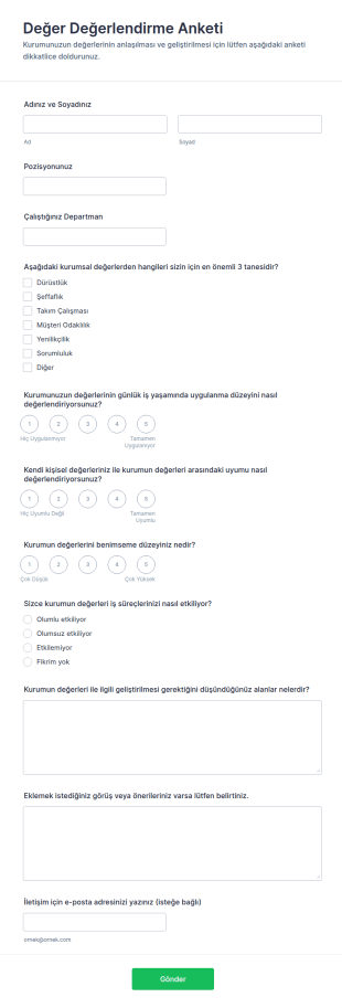 Değer Değerlendirme Anketi Form Şablonu