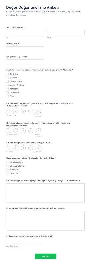 Değer Değerlendirme Anketi Form Şablonu