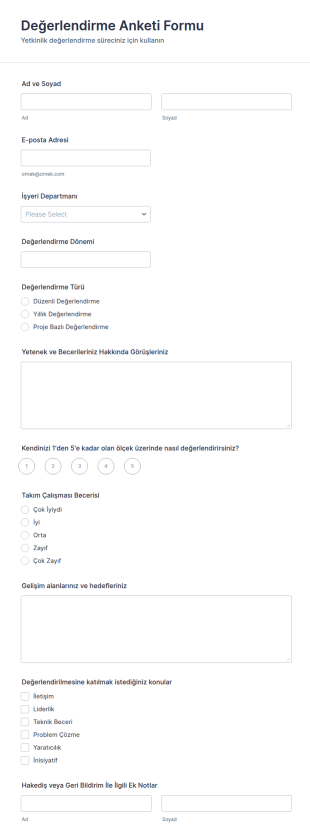 Değerlendirme Anketi Form Şablonu