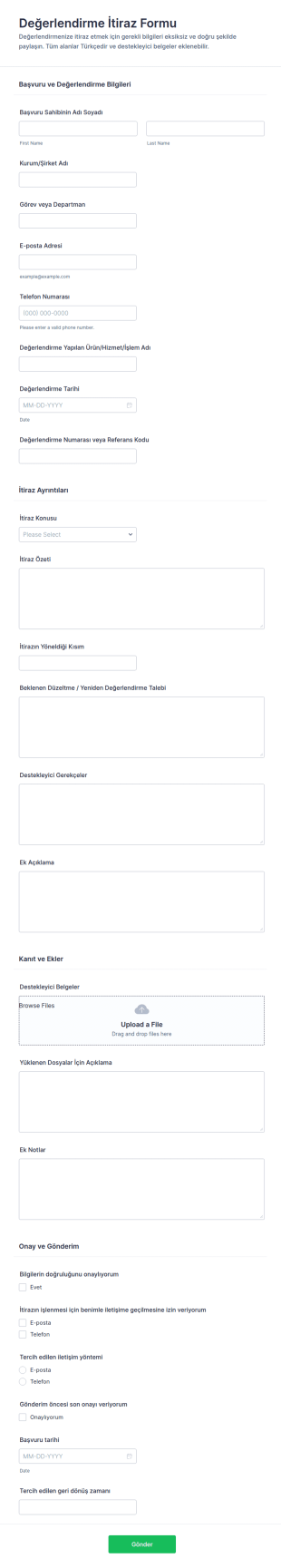 Değerlendirme İtiraz Form Şablonu